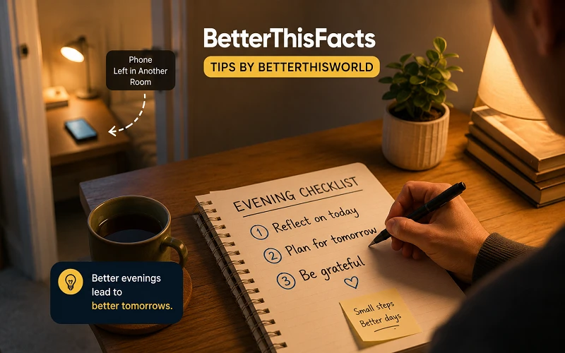 Person writing a three-item evening checklist beside a phone left in another room, illustrating BetterThisFacts tips by BetterThisWorld