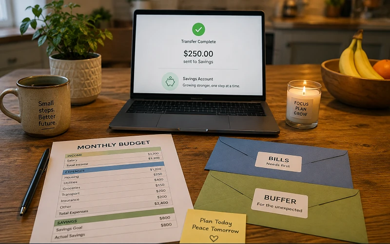 Kitchen table with a printed monthly budget, two labeled envelopes for bills and buffer, and a closed laptop showing a simple savings transfer