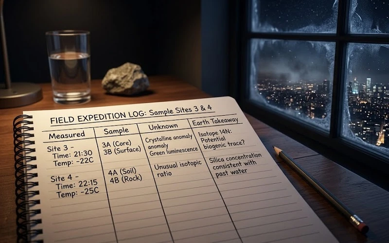 Night window view of a city sky beside a notebook with four headings: measured, sample, unknown, and Earth takeaway