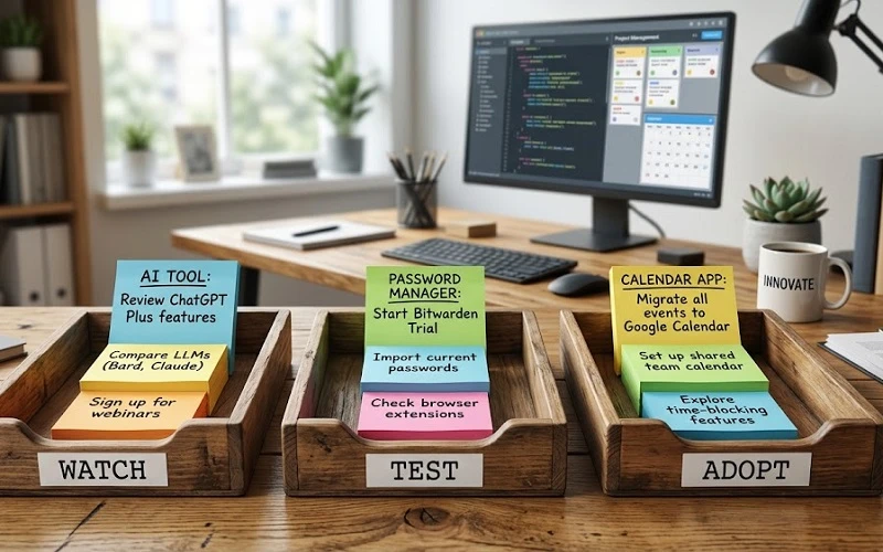 Three labeled trays on a desk — Watch, Test, and Adopt — holding sticky notes for an AI tool, a password manager, and a calendar app