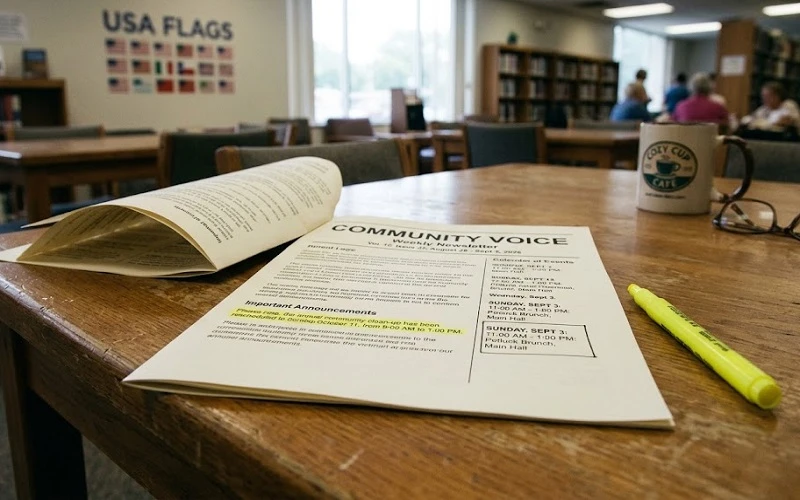 Printed weekly newsletter on a table with one line highlighted, a calendar box for Sunday, and the rest of the pages set aside.